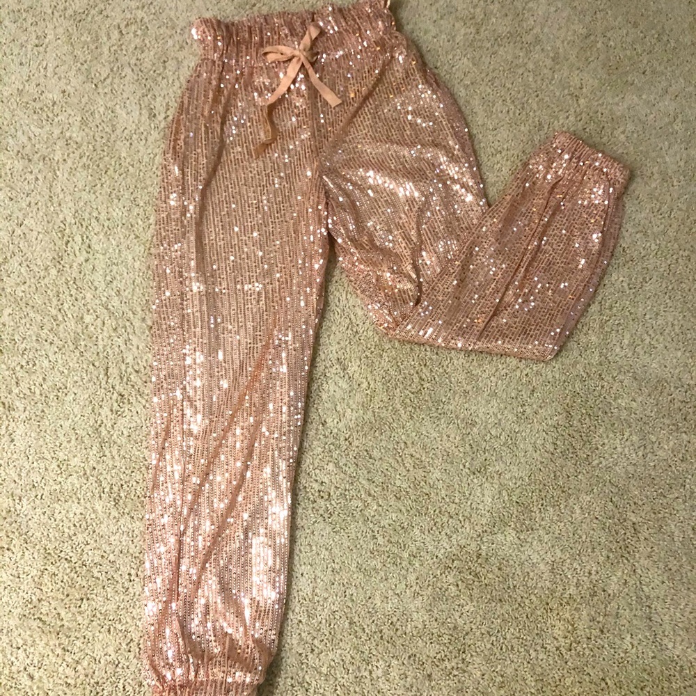 Pink Sequin Paperbag Pants NWOT